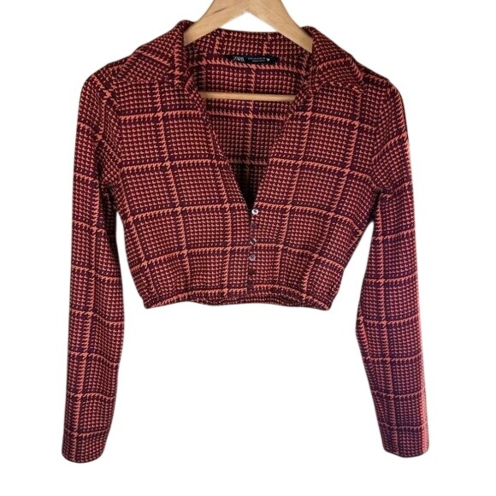 Zara Womens Houndstooth Long Sleeve Cropped Button Down Shirt Size Sm Academia